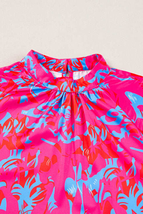 Printed Mock Neck Bubble Sleeve Ruffle Detail Blouse