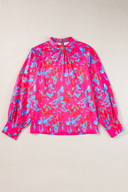 Printed Mock Neck Bubble Sleeve Ruffle Detail Blouse