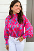 Printed Mock Neck Bubble Sleeve Ruffle Detail Blouse