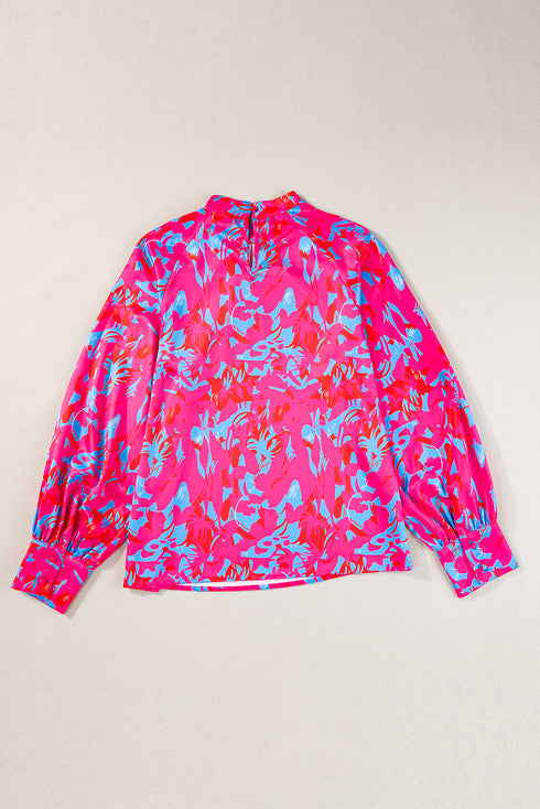 Printed Mock Neck Bubble Sleeve Ruffle Detail Blouse