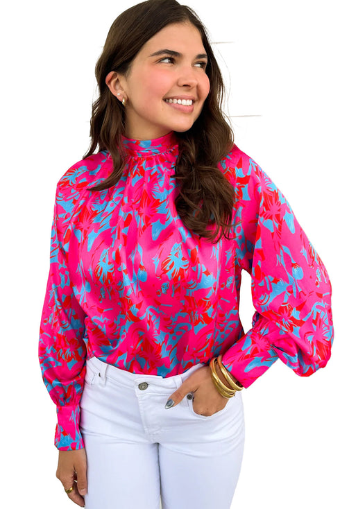 Printed Mock Neck Bubble Sleeve Ruffle Detail Blouse