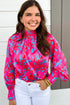 Printed Mock Neck Bubble Sleeve Ruffle Detail Blouse