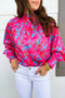 Printed Mock Neck Bubble Sleeve Ruffle Detail Blouse