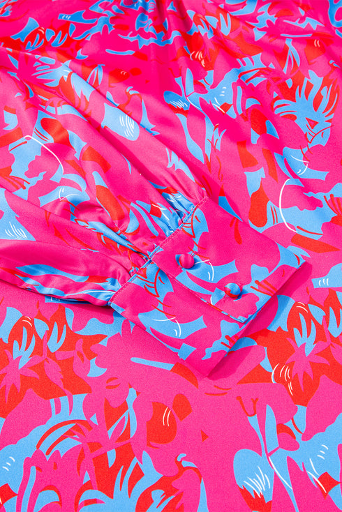 Printed Mock Neck Bubble Sleeve Ruffle Detail Blouse