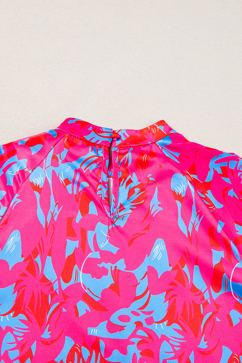 Printed Mock Neck Bubble Sleeve Ruffle Detail Blouse