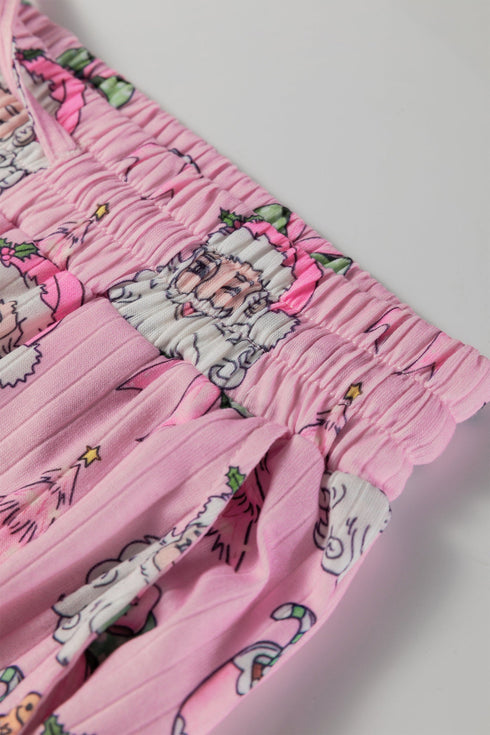 Printed Ribbed Ruffle Trim Long Sleeve Sleep Set