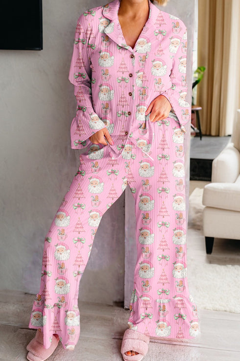 Printed Ribbed Ruffle Trim Long Sleeve Sleep Set