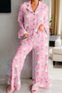 Printed Ribbed Ruffle Trim Long Sleeve Sleep Set