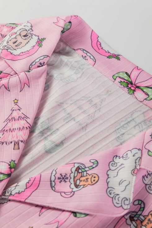 Printed Ribbed Ruffle Trim Long Sleeve Sleep Set