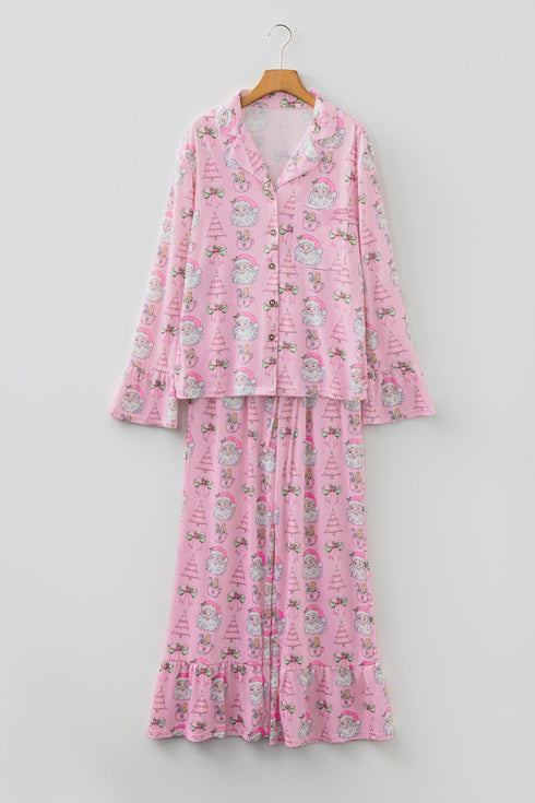 Printed Ribbed Ruffle Trim Long Sleeve Sleep Set