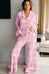 Printed Ribbed Ruffle Trim Long Sleeve Sleep Set