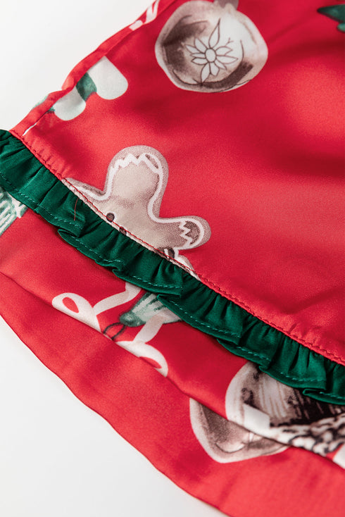 Printed Satin Ruffle Trim Long Sleeve Pajama Set