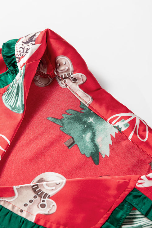 Printed Satin Ruffle Trim Long Sleeve Pajama Set