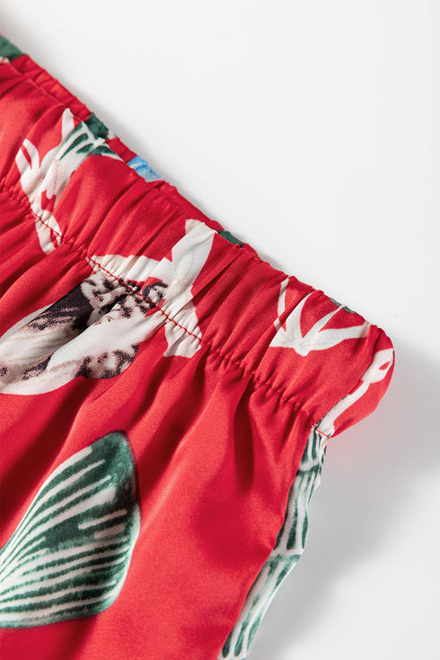 Printed Satin Ruffle Trim Long Sleeve Pajama Set