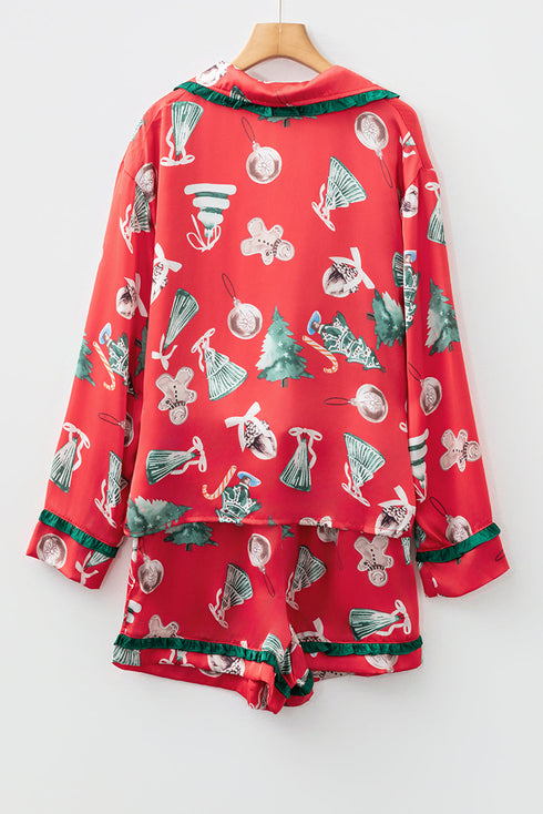 Printed Satin Ruffle Trim Long Sleeve Pajama Set