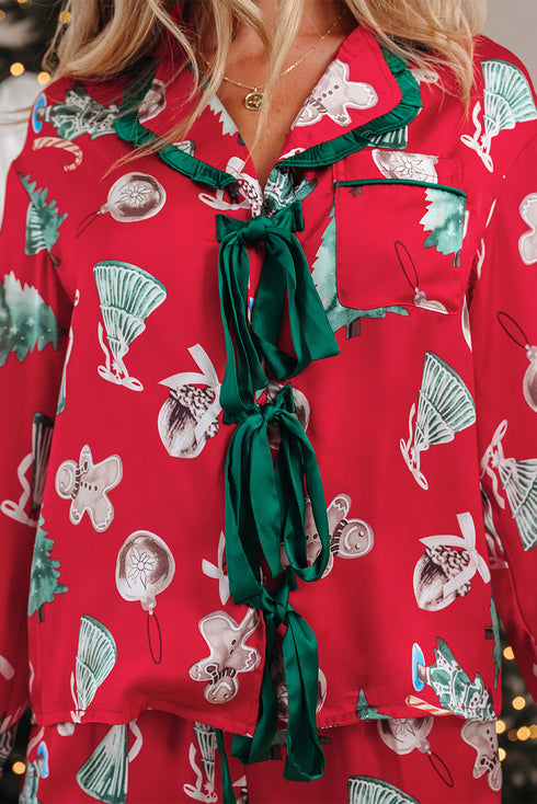 Printed Satin Ruffle Trim Long Sleeve Pajama Set