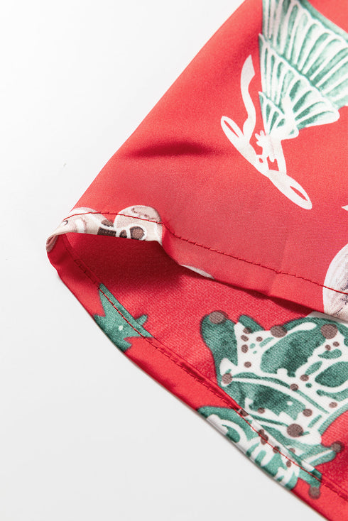 Printed Satin Ruffle Trim Long Sleeve Pajama Set