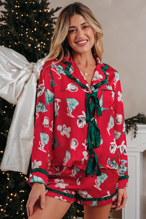 Printed Satin Ruffle Trim Long Sleeve Pajama Set