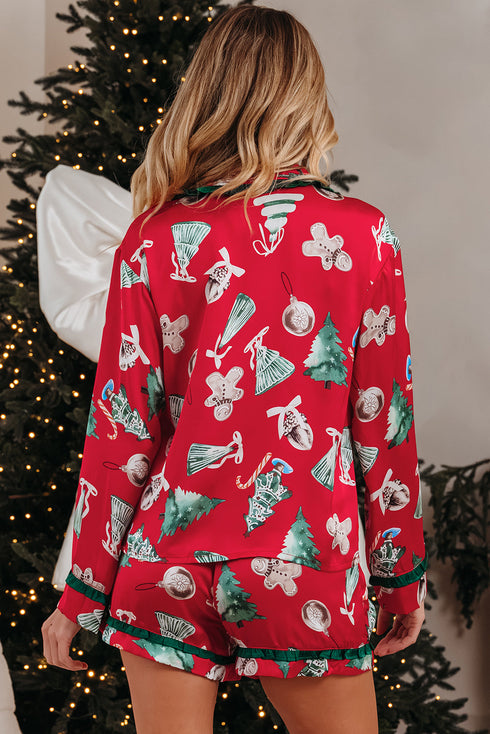 Printed Satin Ruffle Trim Long Sleeve Pajama Set