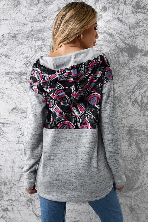 Printed Stitching Snap Buttons Pullover Hoodie