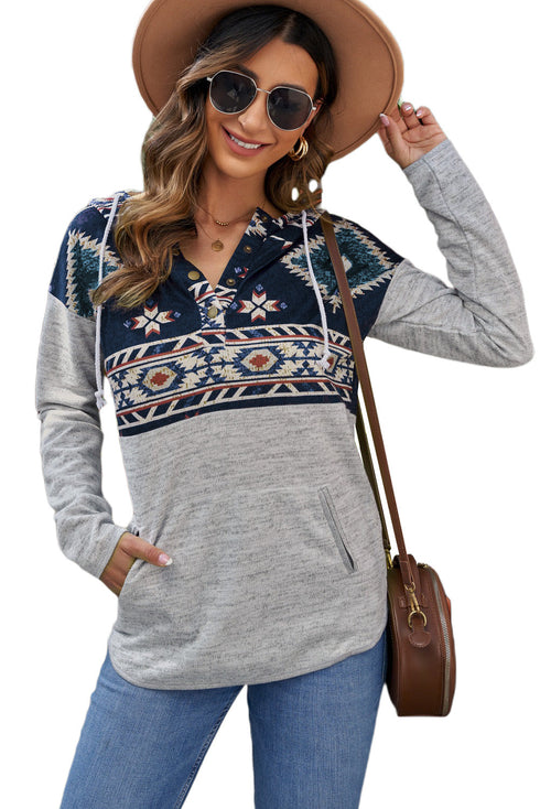 Printed Stitching Snap Buttons Pullover Hoodie