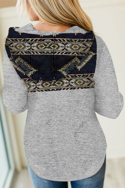 Printed Stitching Snap Buttons Pullover Hoodie