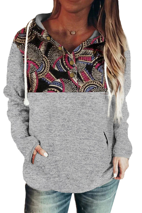 Printed Stitching Snap Buttons Pullover Hoodie