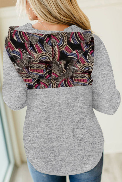 Printed Stitching Snap Buttons Pullover Hoodie