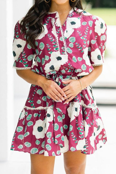 Puff Sleeve Belted A Line Mini Floral Dress
