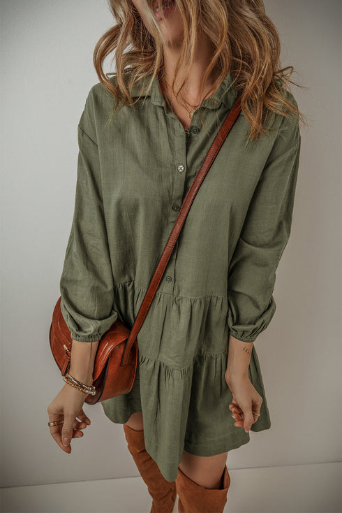 Puff Sleeve Buttoned Tiered Pleated Shirt Mini Dresses