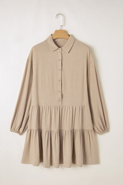 Puff Sleeve Buttoned Tiered Pleated Shirt Mini Dresses