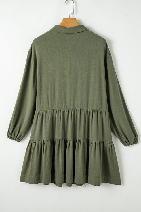 Puff Sleeve Buttoned Tiered Pleated Shirt Mini Dresses