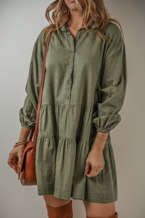 Puff Sleeve Buttoned Tiered Pleated Shirt Mini Dresses