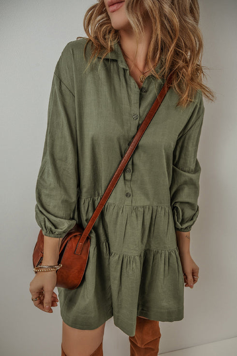 Puff Sleeve Buttoned Tiered Pleated Shirt Mini Dresses