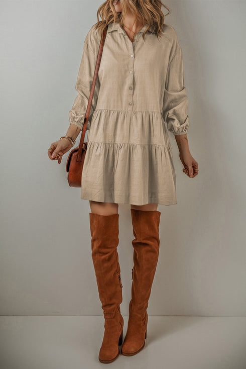 Puff Sleeve Buttoned Tiered Pleated Shirt Mini Dresses