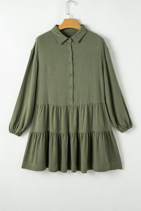 Puff Sleeve Buttoned Tiered Pleated Shirt Mini Dresses