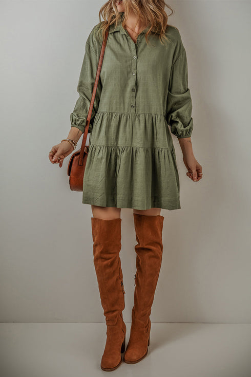 Puff Sleeve Buttoned Tiered Pleated Shirt Mini Dresses
