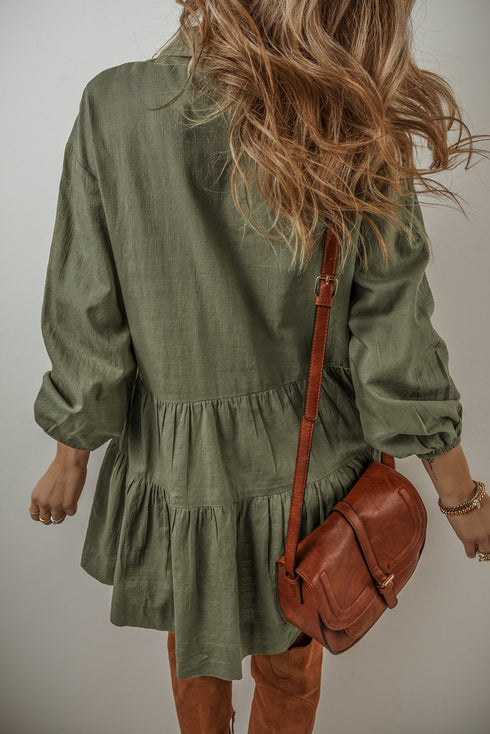 Puff Sleeve Buttoned Tiered Pleated Shirt Mini Dresses
