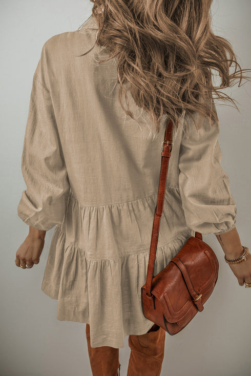 Puff Sleeve Buttoned Tiered Pleated Shirt Mini Dresses