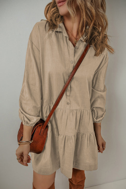Puff Sleeve Buttoned Tiered Pleated Shirt Mini Dresses