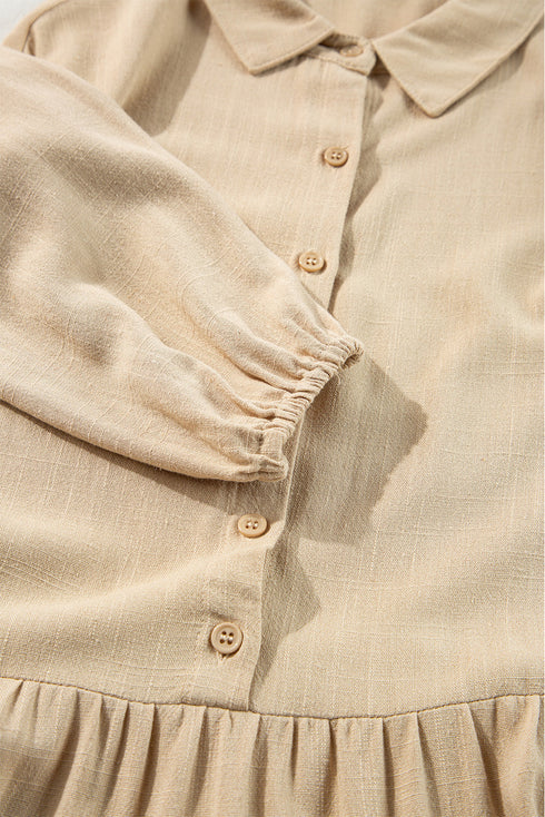 Puff Sleeve Buttoned Tiered Pleated Shirt Mini Dresses
