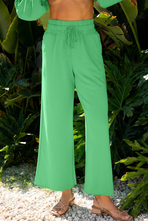 Puff Sleeve Crop Pullover Drawstring Wide Leg Pant Set