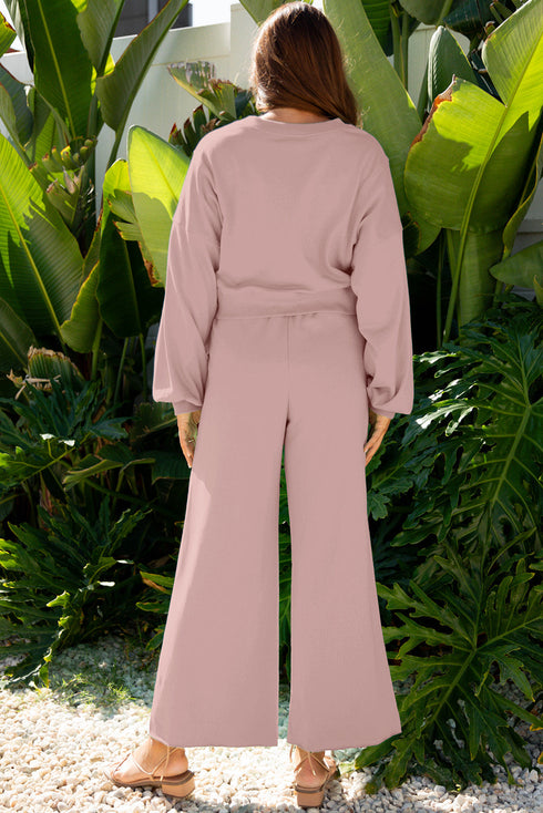 Puff Sleeve Crop Pullover Drawstring Wide Leg Pant Set
