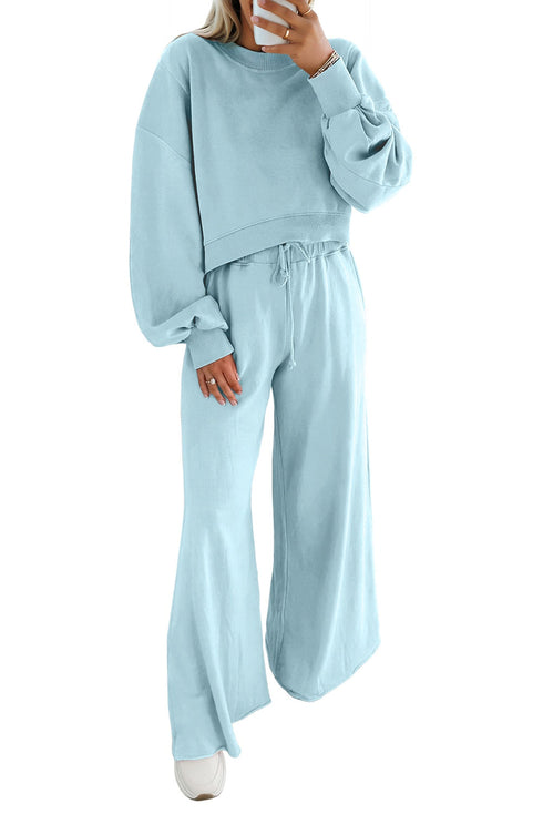 Puff Sleeve Crop Pullover Drawstring Wide Leg Pant Set