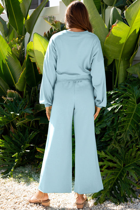 Puff Sleeve Crop Pullover Drawstring Wide Leg Pant Set