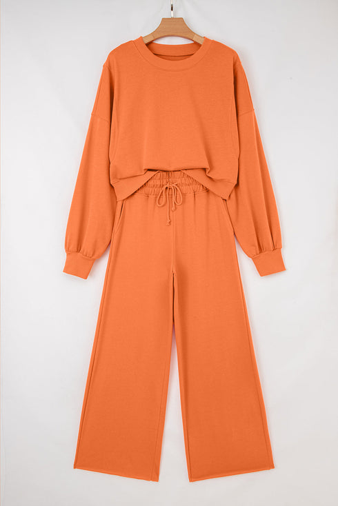Puff Sleeve Crop Pullover Drawstring Wide Leg Pant Set