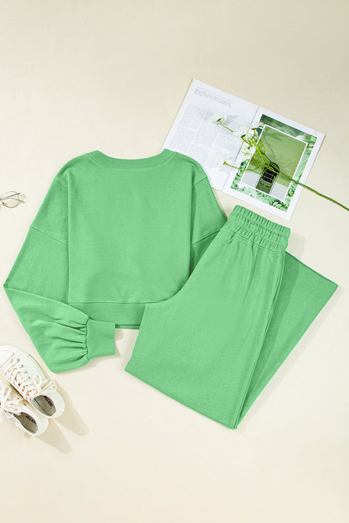 Puff Sleeve Crop Pullover Drawstring Wide Leg Pant Set