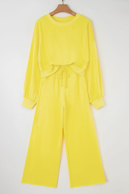 Puff Sleeve Crop Pullover Drawstring Wide Leg Pant Set