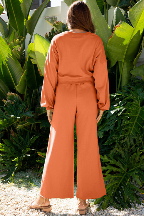 Puff Sleeve Crop Pullover Drawstring Wide Leg Pant Set