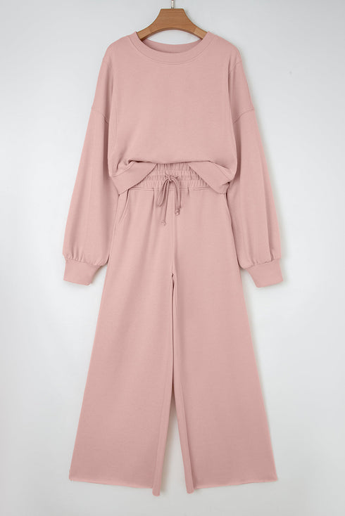 Puff Sleeve Crop Pullover Drawstring Wide Leg Pant Set